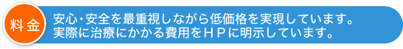 安心・安全を最重視しながら低価格を実現しています。実際に治療にかかる費用をＨＰに明示しています。